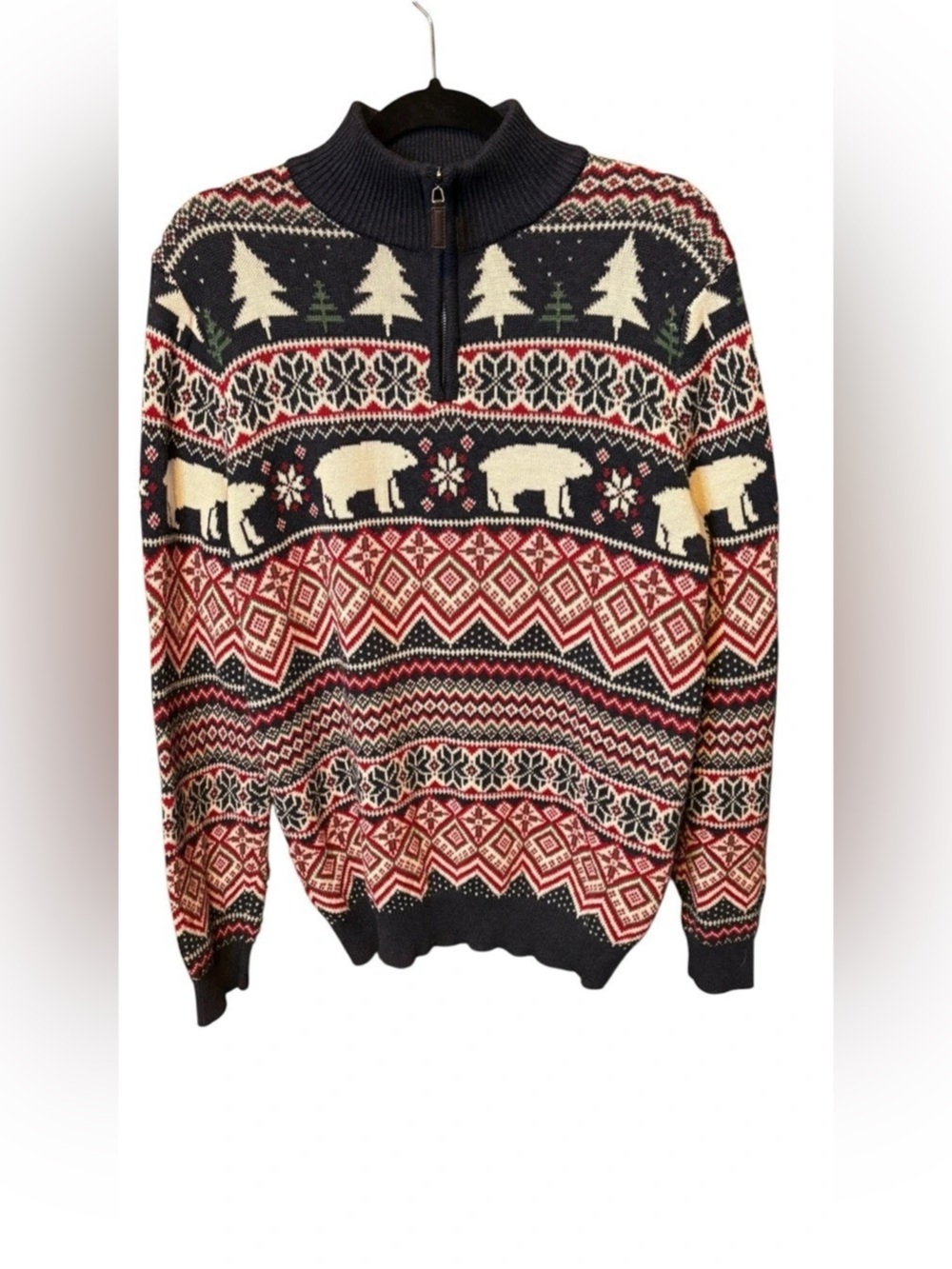 Aspen Fair Isle Polar Bear Quarter Zip Sweater large 100% Cotton